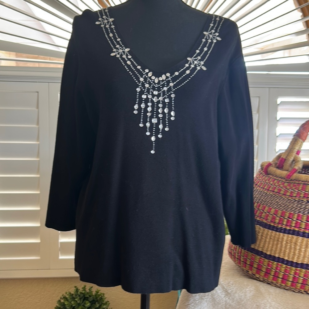 JM Collection black jeweled sweater. Size L 3/4 sleeves